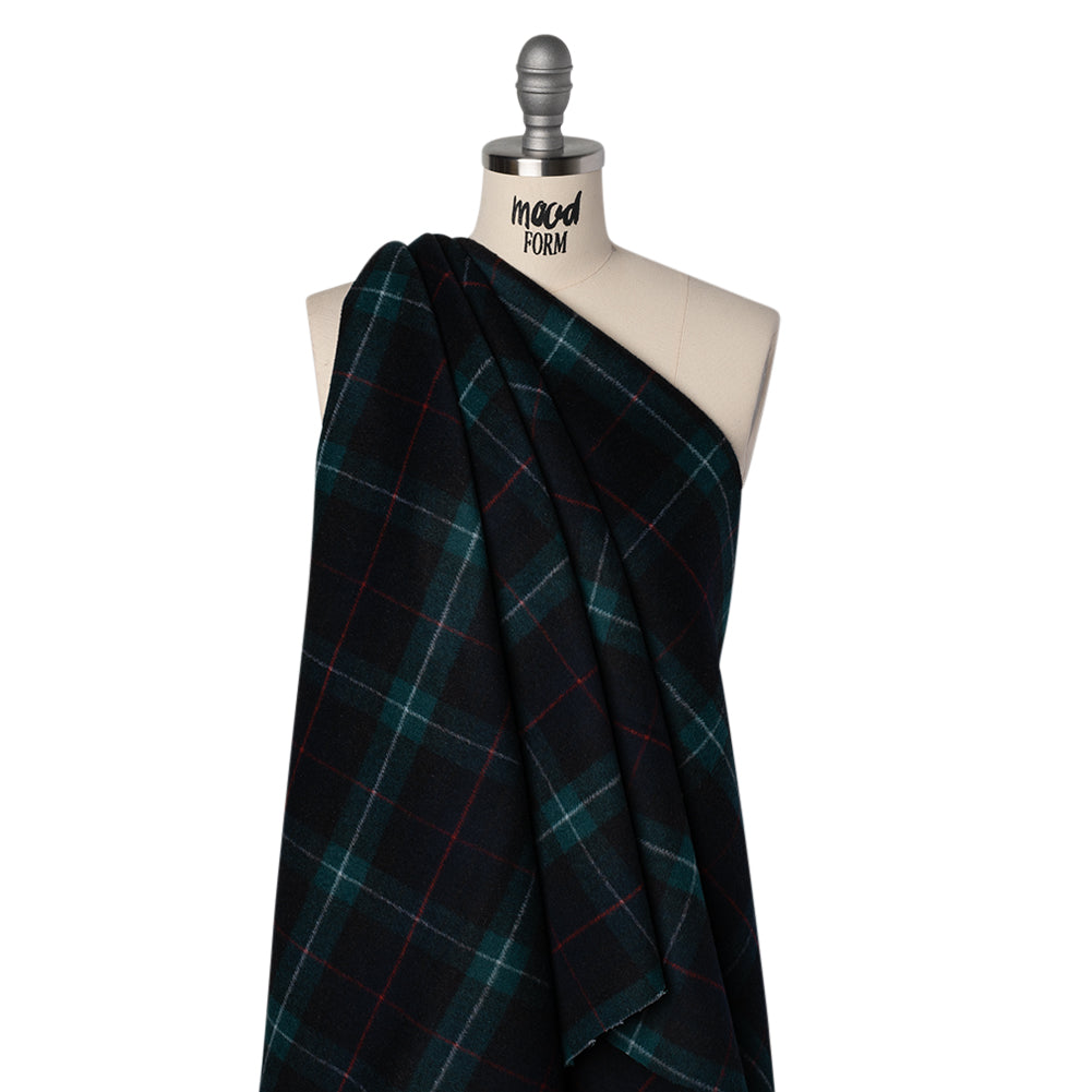 Brushed Wool Double Cloth Coating - Black, Deep Green and Red Plaid - Deadstock