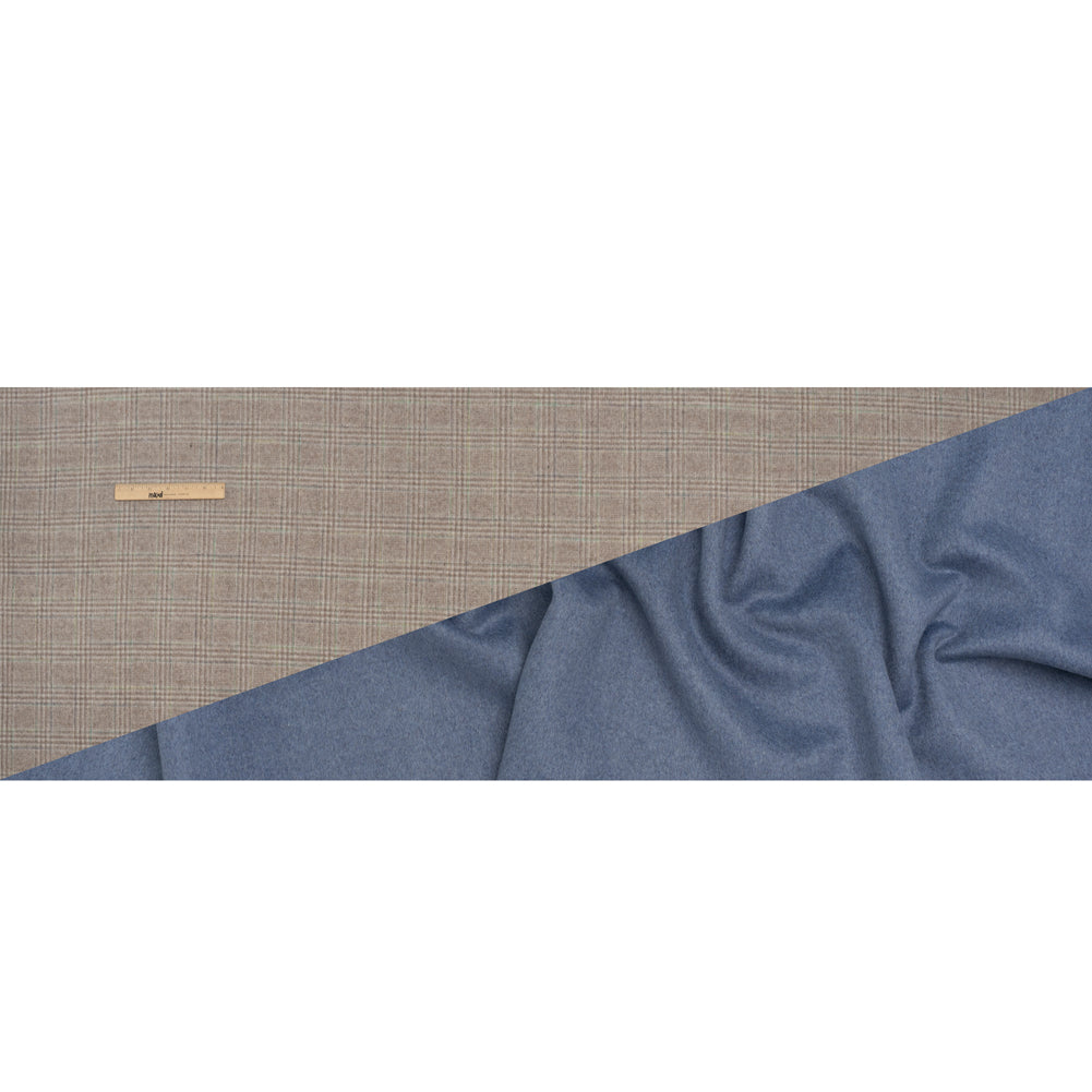 Brushed Wool Double Cloth Coating - Beige, Brown and Green Glen Plaid and Muted Blue Heathered - Deadstock
