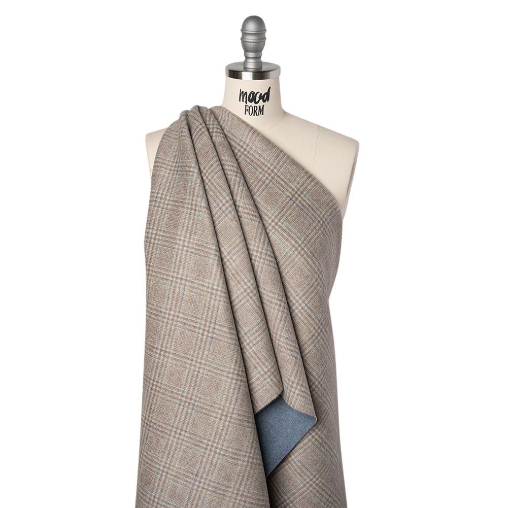 Brushed Wool Double Cloth Coating - Beige, Brown and Green Glen Plaid and Muted Blue Heathered - Deadstock