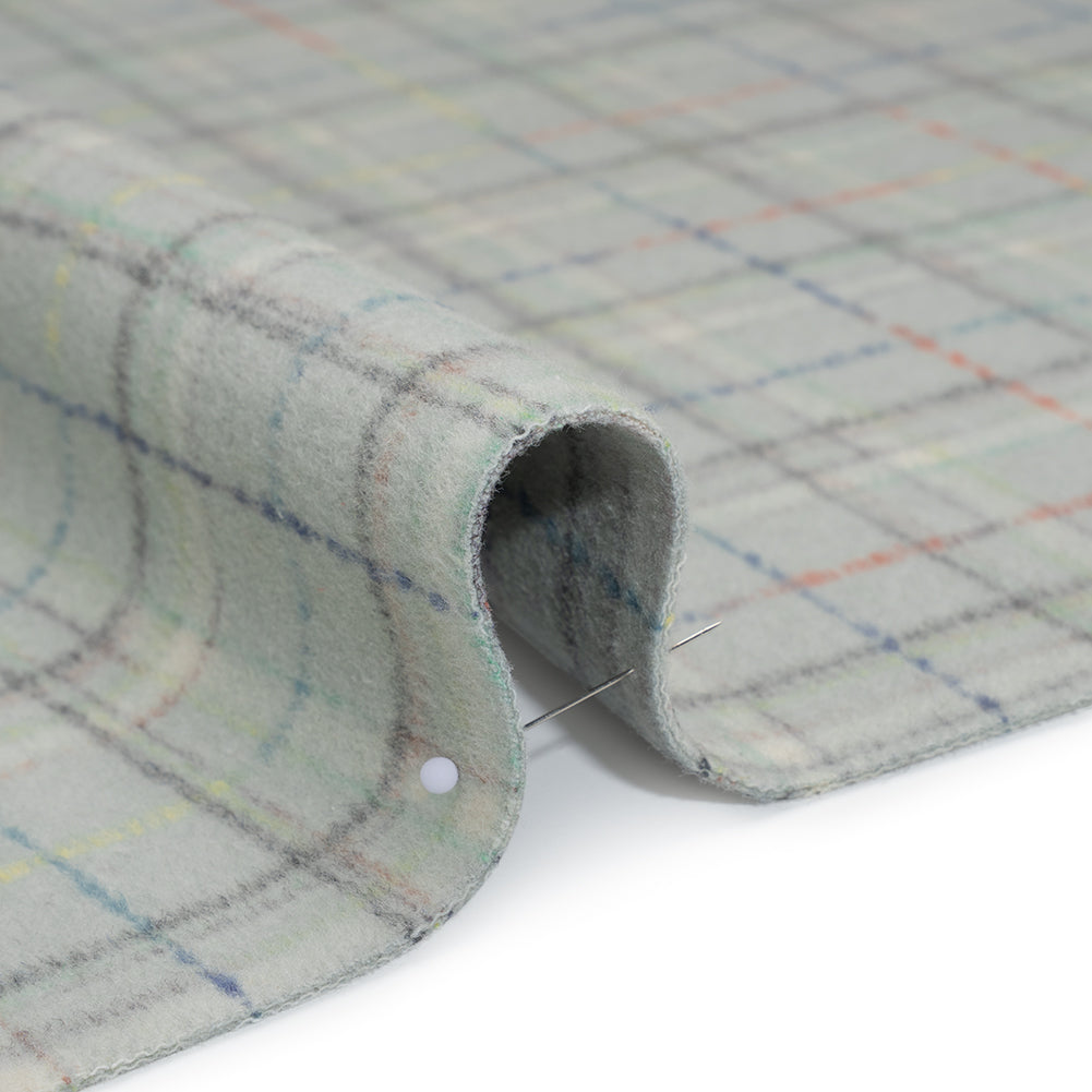 Brushed Wool Double Cloth Coating - Mint, Charcoal and Blue Plaid - Deadstock