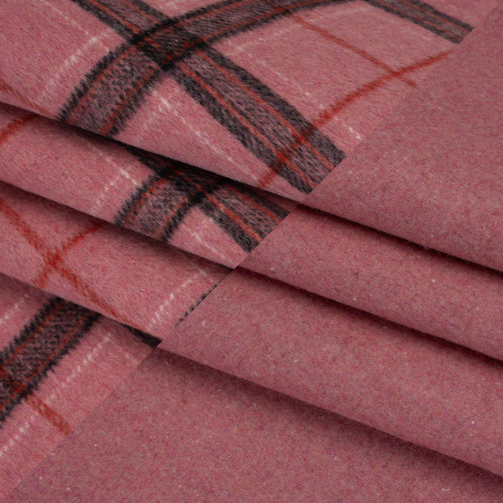 Brushed Wool Double Cloth Coating - Strawberry Pink, Charcoal and Red Plaid and Pink Heathered - Deadstock