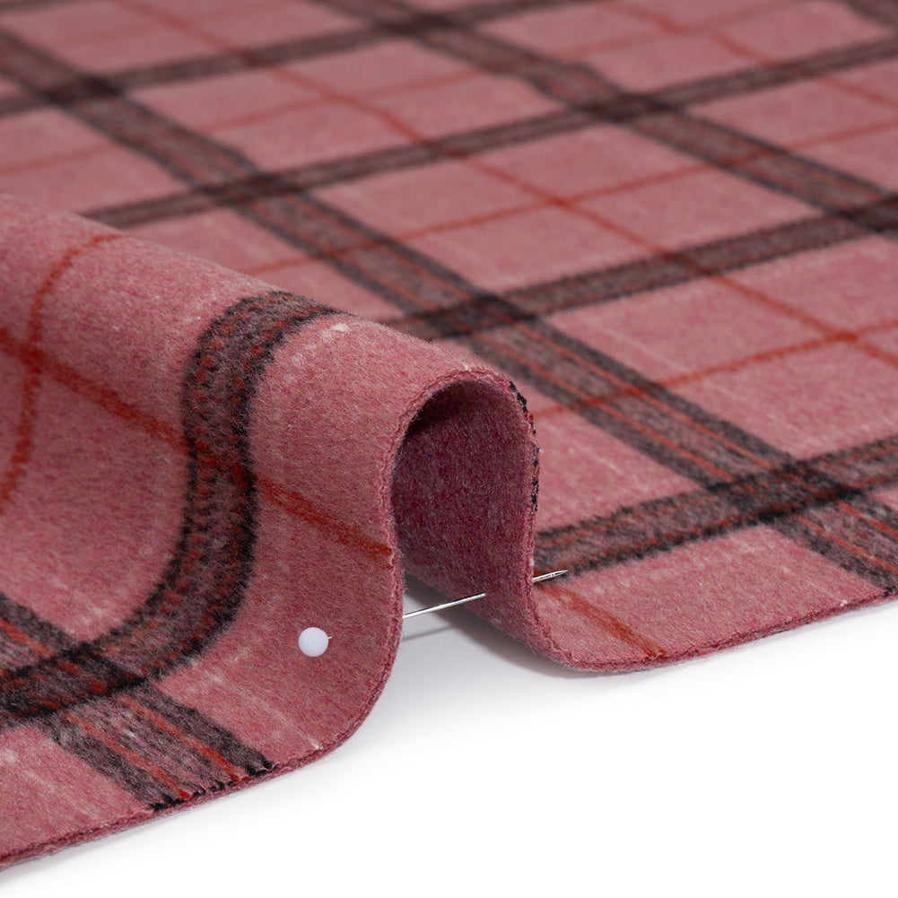 Brushed Wool Double Cloth Coating - Strawberry Pink, Charcoal and Red Plaid and Pink Heathered - Deadstock