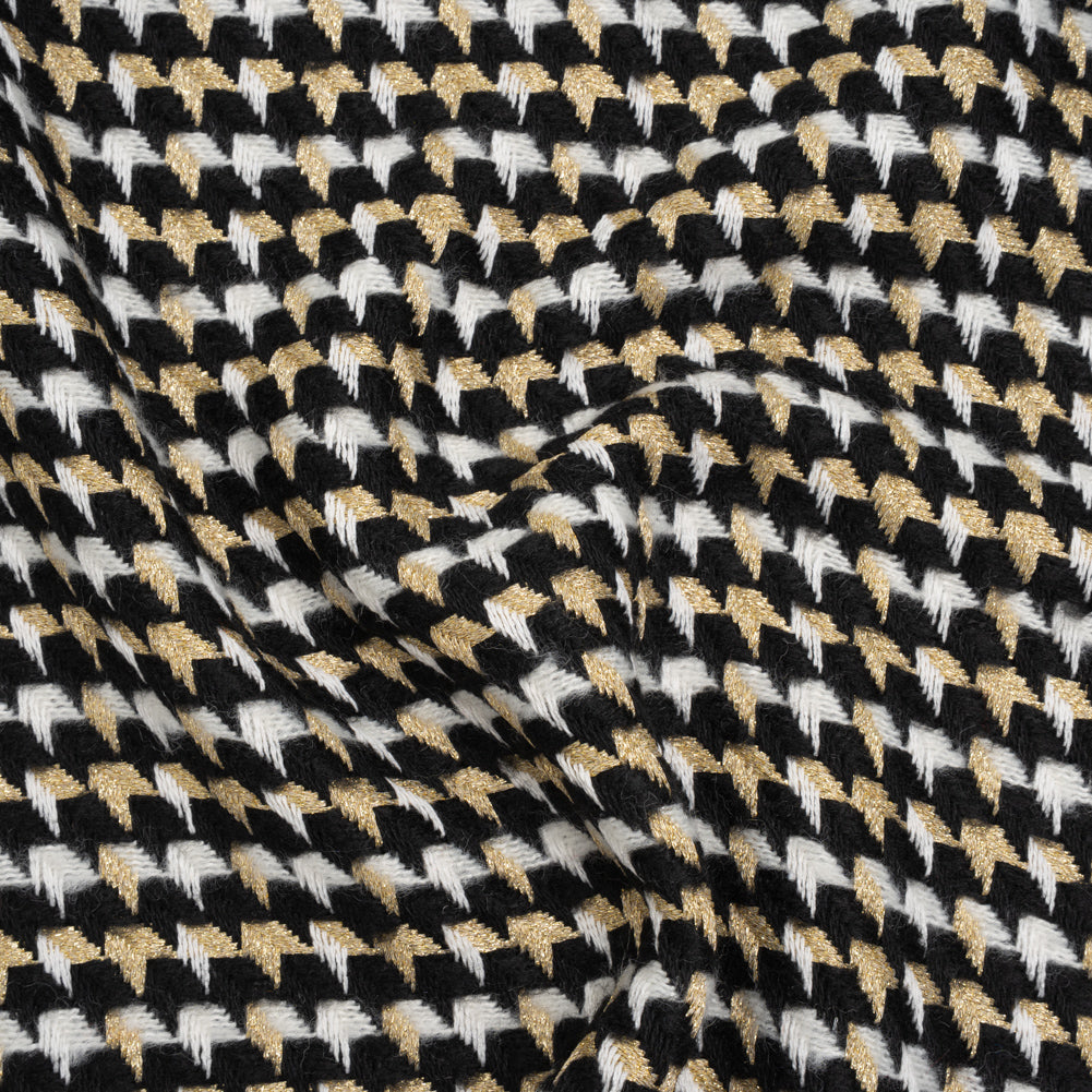 Metallic Wool and Acrylic Tweed Twill - Black, Gold and White Geometric - Deadstock