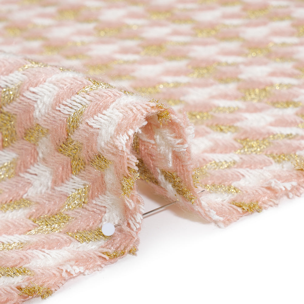 Metallic Wool and Acrylic Tweed Twill - Pink, Gold and White Geometric - Deadstock