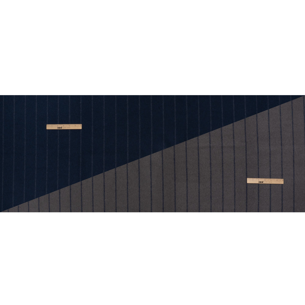Brushed Wool Double Cloth Coating - Navy Blue and Gray Chalk Stripes - Deadstock