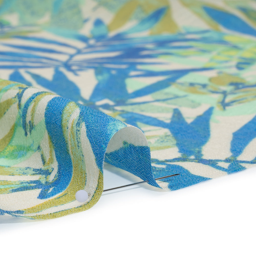 Slubbed Polyester and Rayon Woven - Blue, Green and Beige Palm Leaves - Designer Deadstock