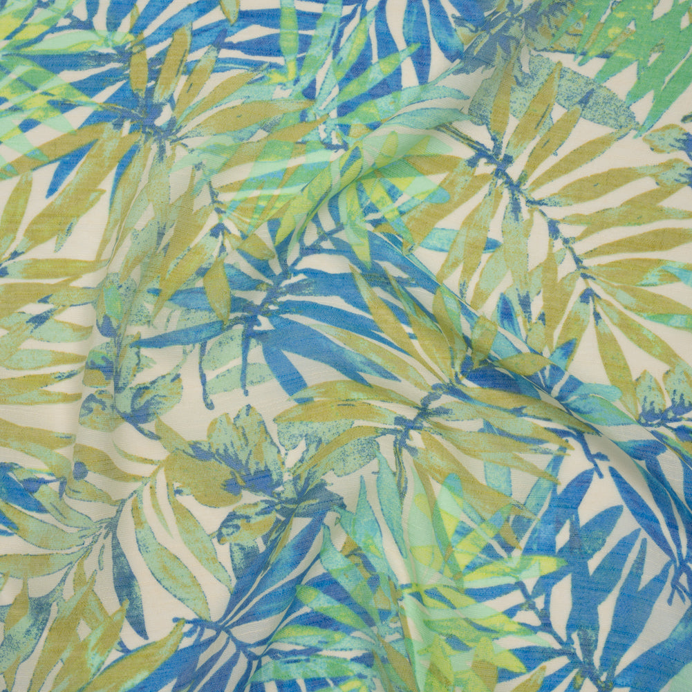 Slubbed Polyester and Rayon Woven - Blue, Green and Beige Palm Leaves - Designer Deadstock