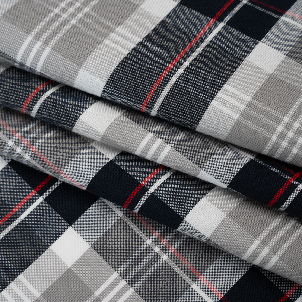 Cotton Oxford Shirting - Warm Gray, Cool Black and Red Plaid - Deadstock