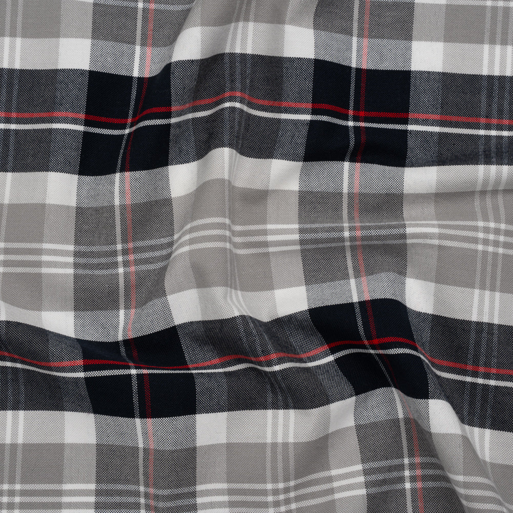 Cotton Oxford Shirting - Warm Gray, Cool Black and Red Plaid - Deadstock