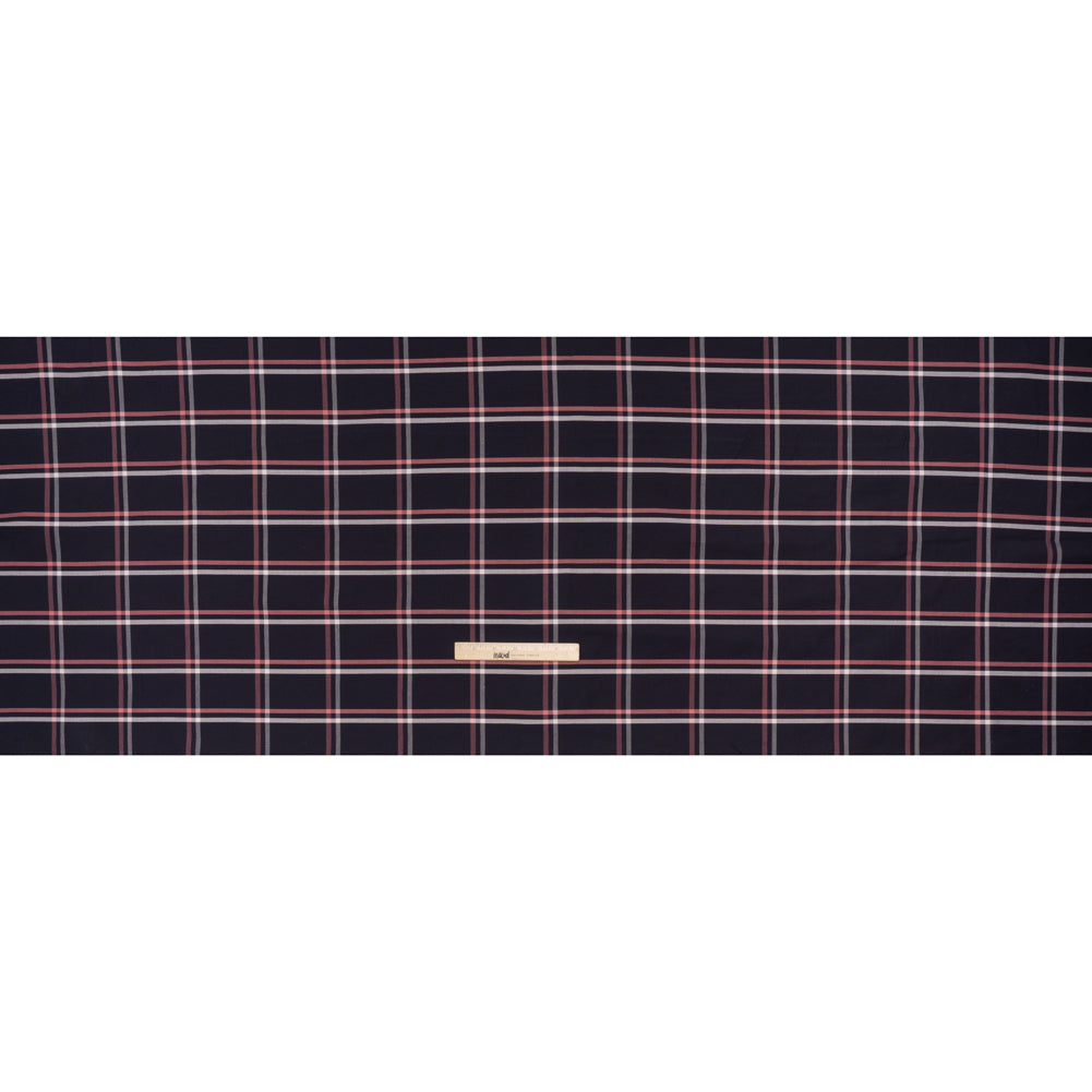 Cotton Oxford Shirting - Dark Navy, Rose Pink and White Windowpane Plaid - Deadstock