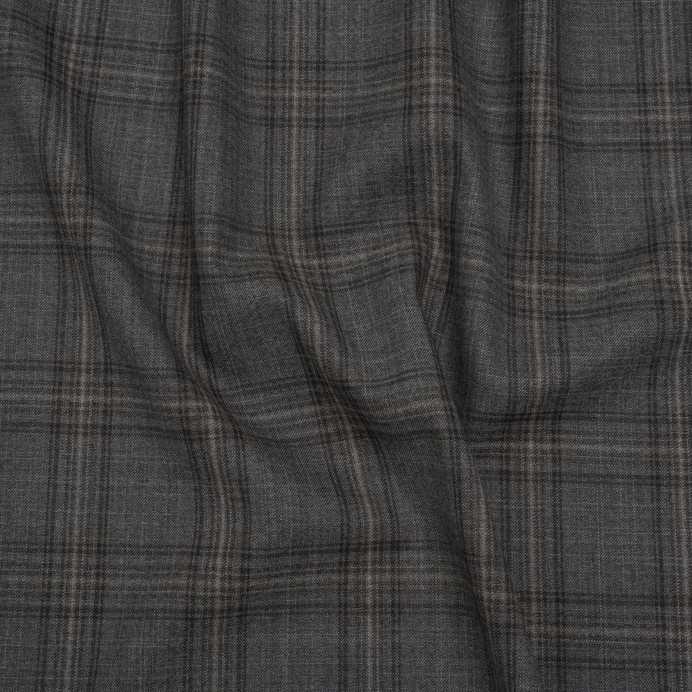Wool Suiting Made in Italy - Gray, Charcoal and Brown Plaid - Deadstock
