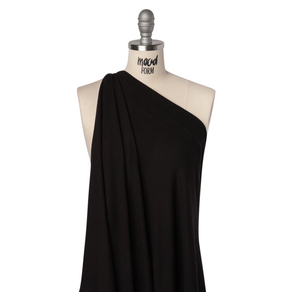 Brushed Cozy Stretch Viscose 2x2 Rib Knit - Faded Black - Deadstock