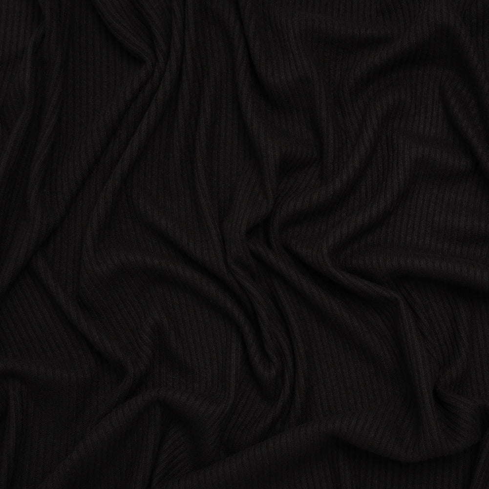 Brushed Cozy Stretch Viscose 2x2 Rib Knit - Black - Deadstock
