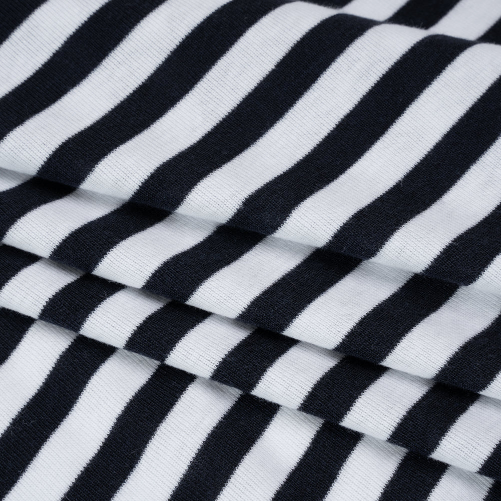Cotton and Polyester 1x1 Rib Knit - Navy Blue and White Stripes - Deadstock