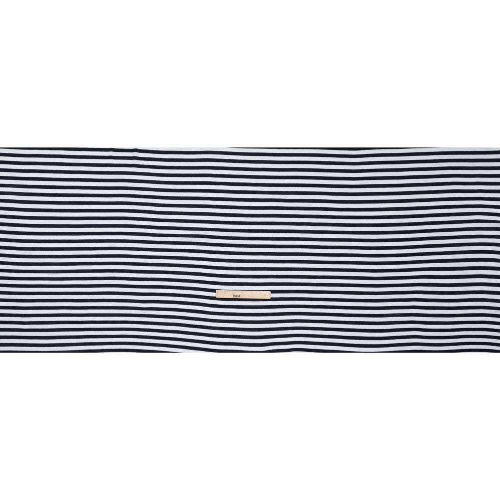 Cotton and Polyester 1x1 Rib Knit - Navy Blue and White Stripes - Deadstock
