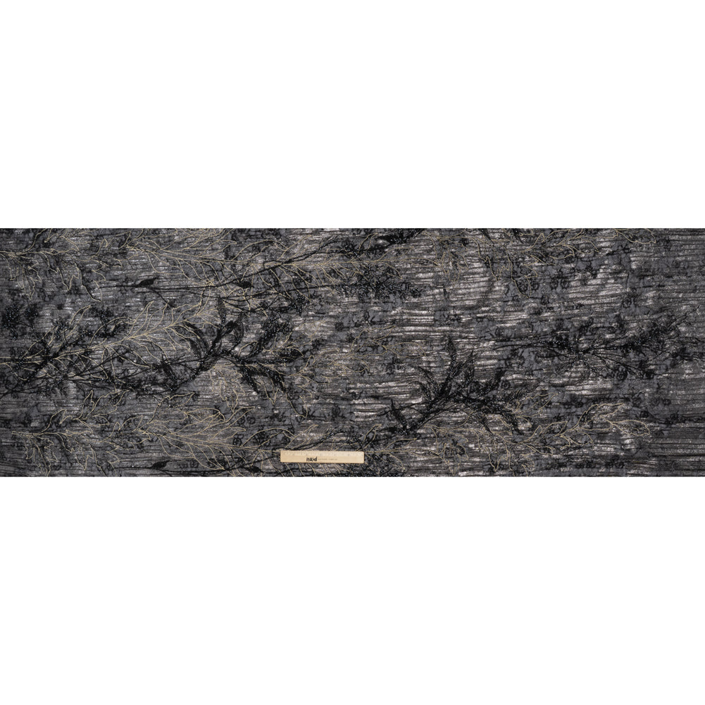 Metallic Foiled Plisse Lace with Embroidery and Beading on Tulle Backing - Black, Gunmetal and White Gold Trailing Leafy Vines