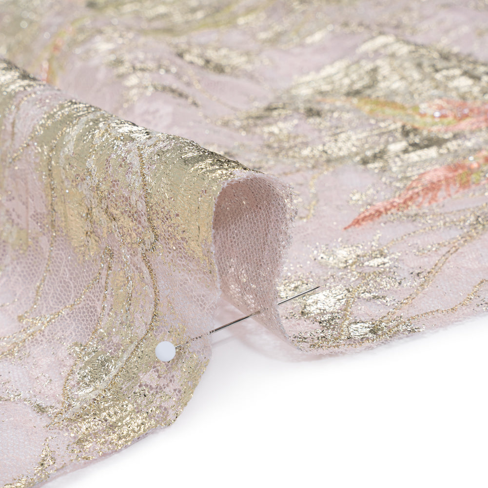 Metallic Foiled Plisse Lace with Embroidery and Beading on Tulle Backing - Light Pink and Gold Flowering Branches