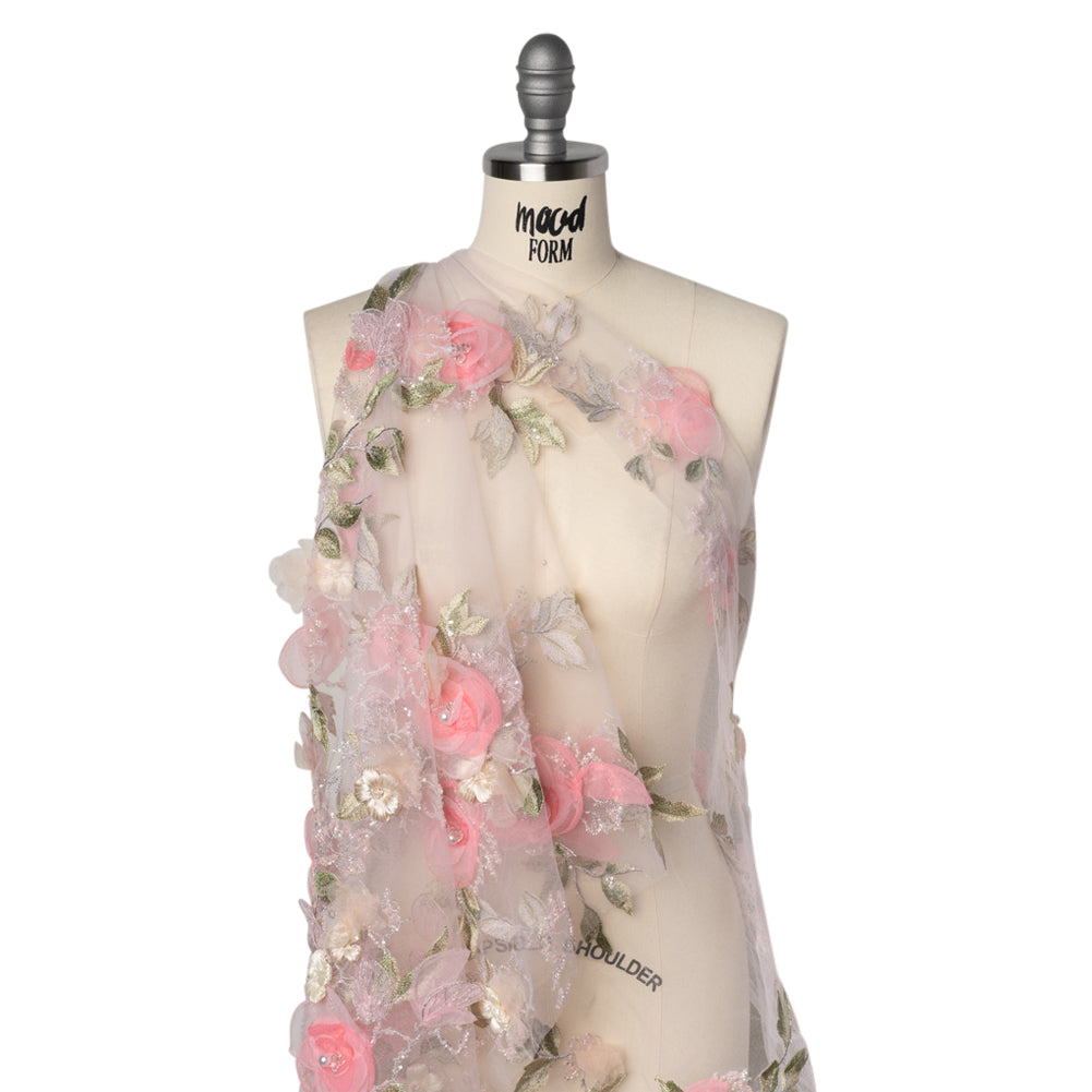 Embroidered and Beaded Tulle with 3D Fabric and Ribbon Flowers - Pink, Silver and Green Floral