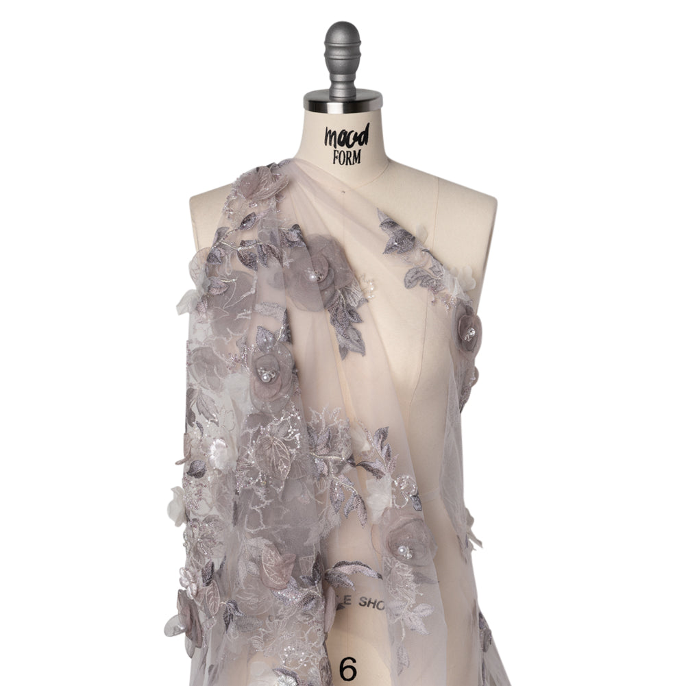 Embroidered and Beaded Tulle with 3D Fabric and Ribbon Flowers - Lilac, Gray and Silver Floral