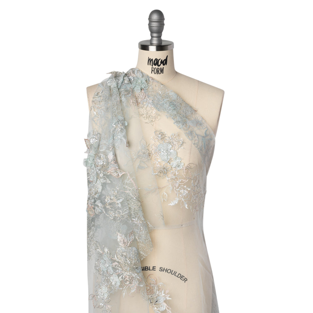 Embroidered and Beaded Tulle Panel with 3D Fabric Flowers - Light Blue, Seafoam and Silver Roses
