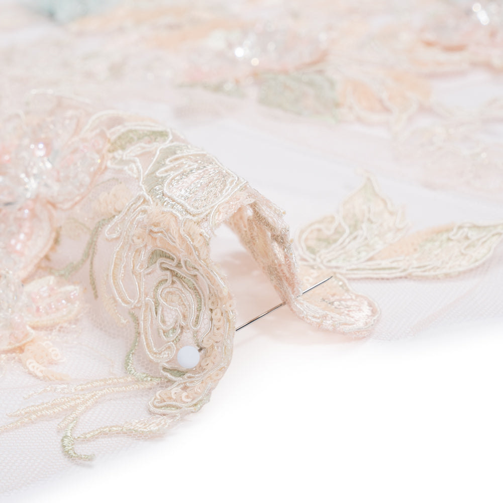 Embroidered and Beaded Tulle Panel with 3D Fabric Flowers - Peach, Light Blue and Silver Roses