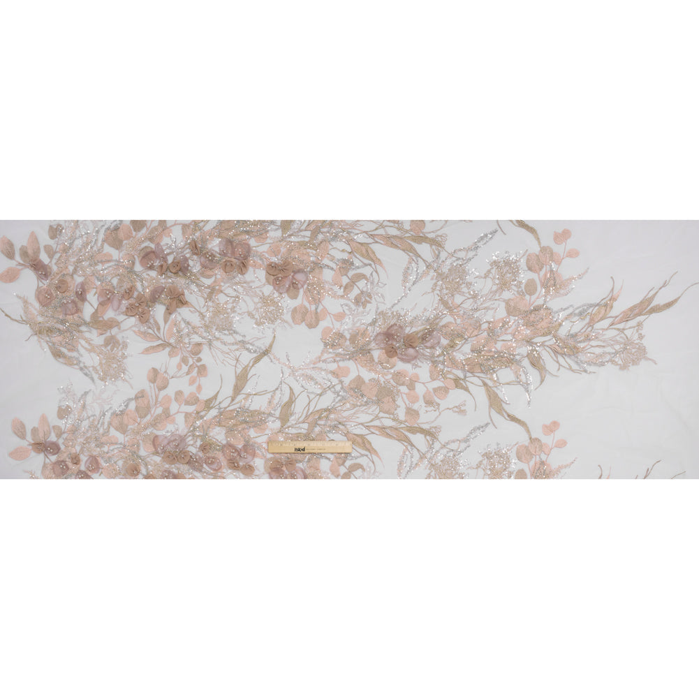 Embroidered and Beaded Tulle with 3D Fabric Flowers - Dark Beige, Pink and Pale Blue Fanciful Leaves and Florals