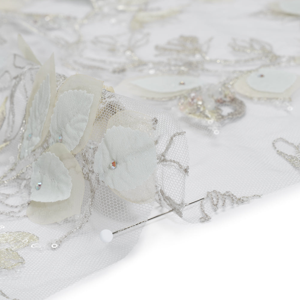 Embroidered and Beaded Tulle with 3D Fabric Flowers - Light Gray, Seafoam and Cream Leafy Arrangements