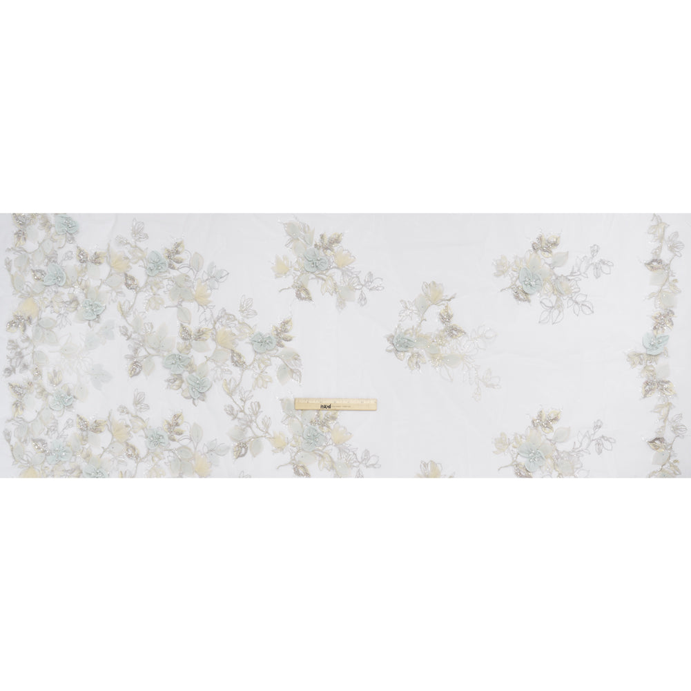 Embroidered and Beaded Tulle with 3D Fabric Flowers - Light Gray, Seafoam and Cream Leafy Arrangements