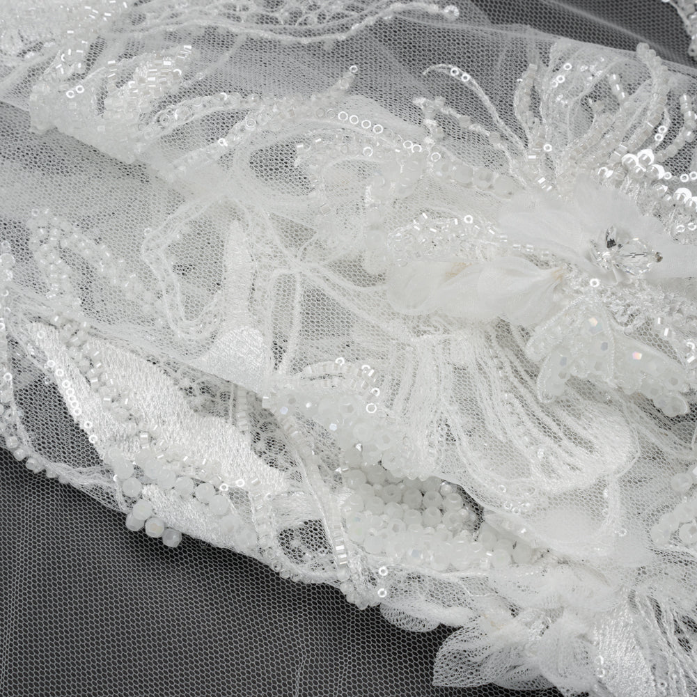 Embroidered and Beaded Bridal Tulle with 3D Fabric Flowers - Off White Fancy Florals