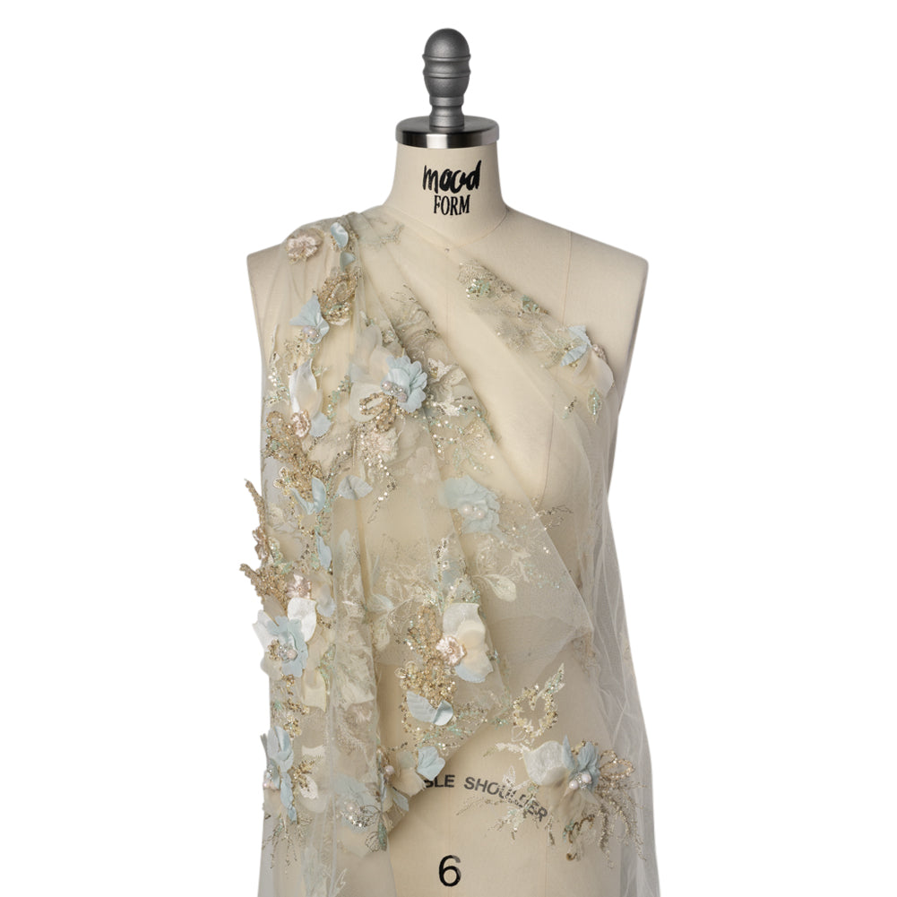 Embroidered and Beaded Tulle with 3D Fabric Flowers - Light Lemon, Cream and Pale Blue Floral