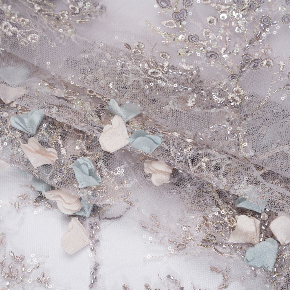 Embroidered and Beaded Tulle with 3D Satin Flowers - Lilac, Cream and Light Blue Floral Sprigs