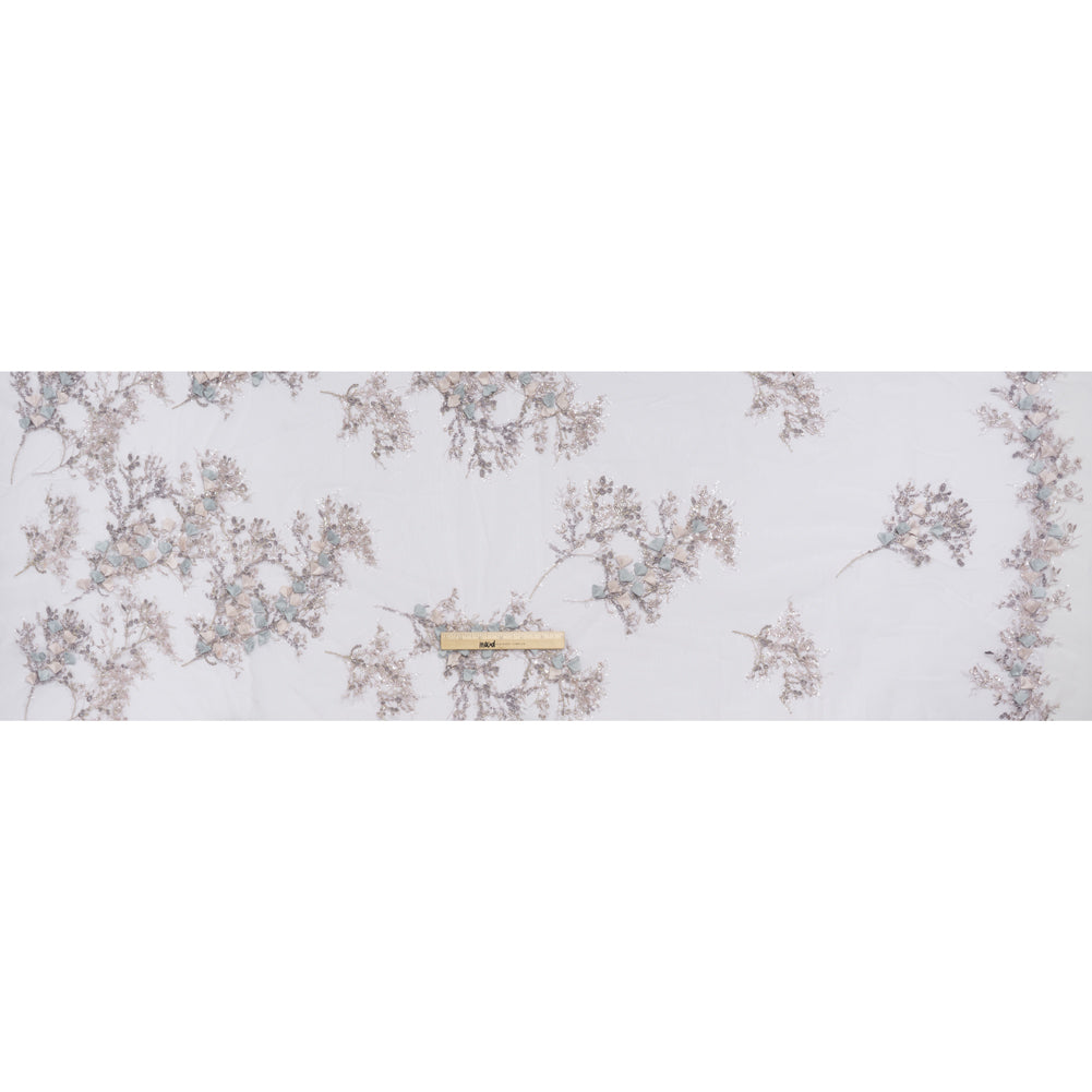 Embroidered and Beaded Tulle with 3D Satin Flowers - Lilac, Cream and Light Blue Floral Sprigs