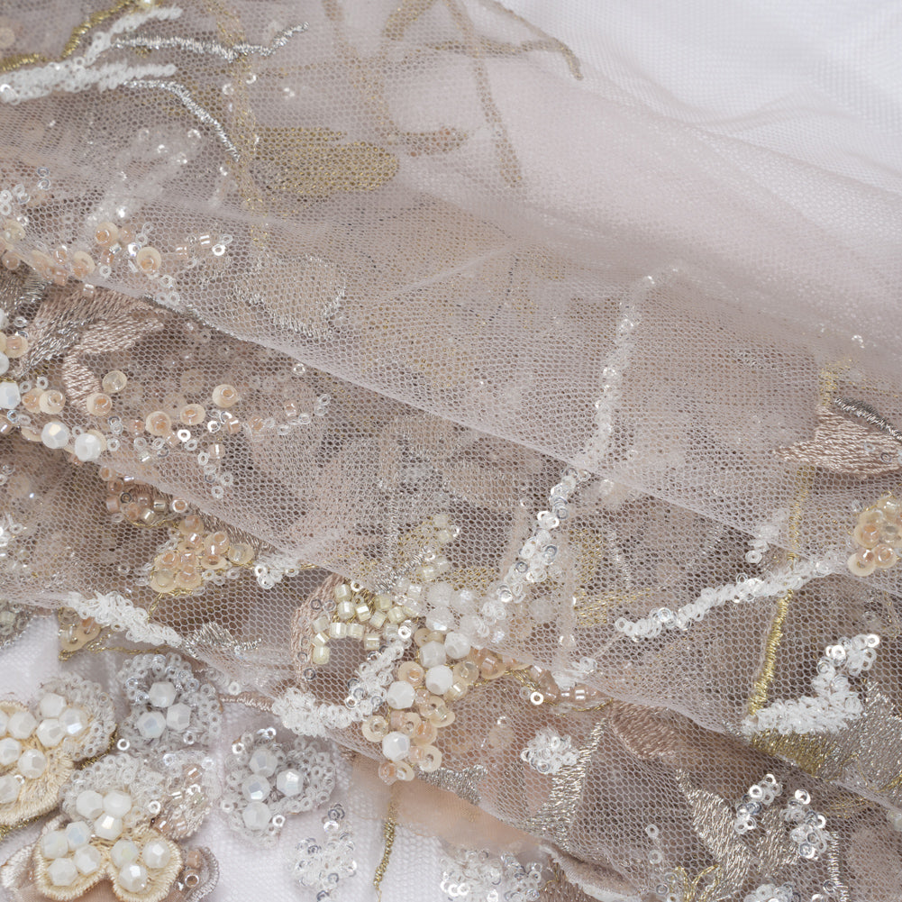 Embroidered and Beaded Tulle with 3D Satin Flowers - Taupe, Lemon and White Flowering Branches