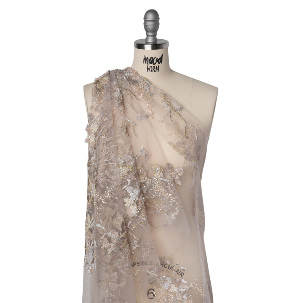 Embroidered and Beaded Tulle with 3D Satin Flowers - Taupe, Lemon and White Flowering Branches