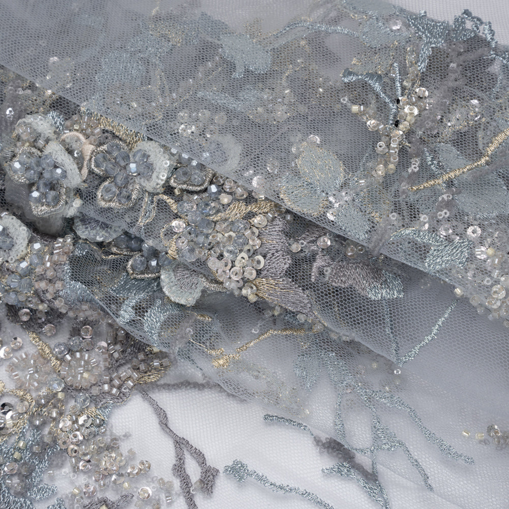 Embroidered and Beaded Tulle with 3D Satin Flowers - Light Blue, Lilac, and Gold Flowering Branches