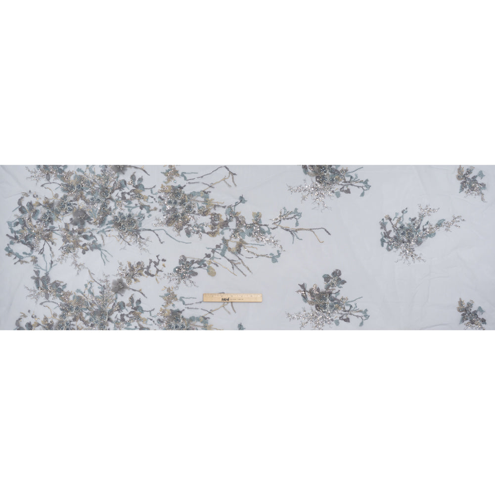 Embroidered and Beaded Tulle with 3D Satin Flowers - Light Blue, Lilac, and Gold Flowering Branches