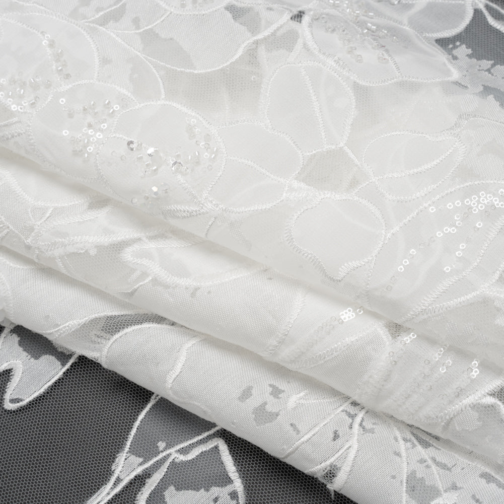 Beaded and Embroidered Tulle with Burnout Fabric Appliques - Off White Tropical Garden