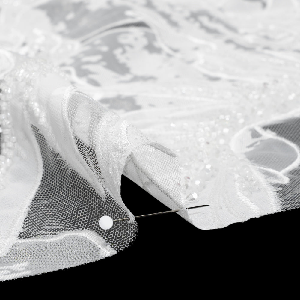 Beaded and Embroidered Tulle with Burnout Fabric Appliques - Off White Tropical Garden