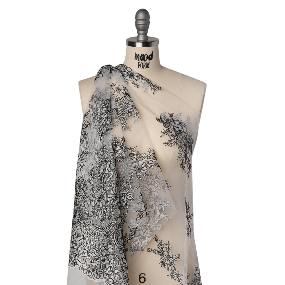 Corded Embroidered Tulle Lace with Scalloped Borders - Black and White Floral