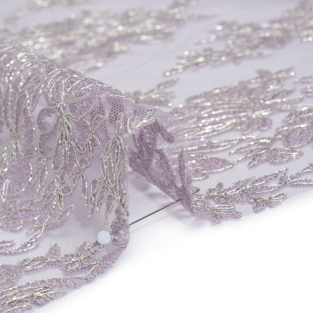 Corded Embroidered Tulle Lace with Scalloped Borders - Lilac and Silver Floral