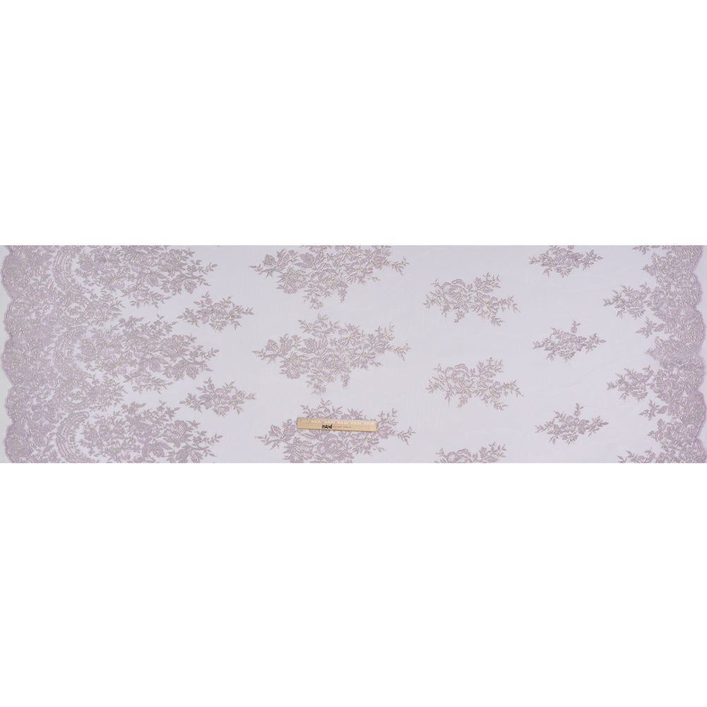 Corded Embroidered Tulle Lace with Scalloped Borders - Lilac and Silver Floral