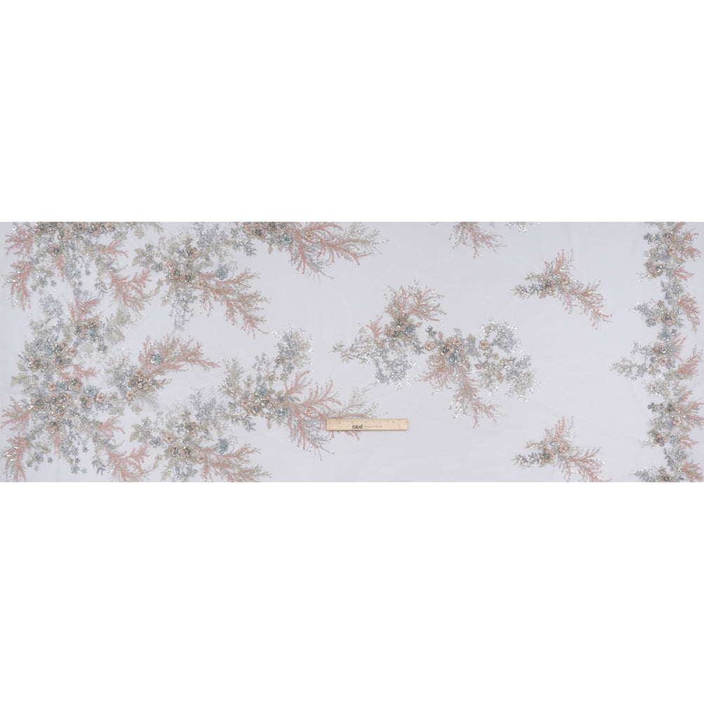 Beaded and Embroidered Tulle with 3D Appliques - Light Blue, Pink and Gold Fanciful Floral Sprays