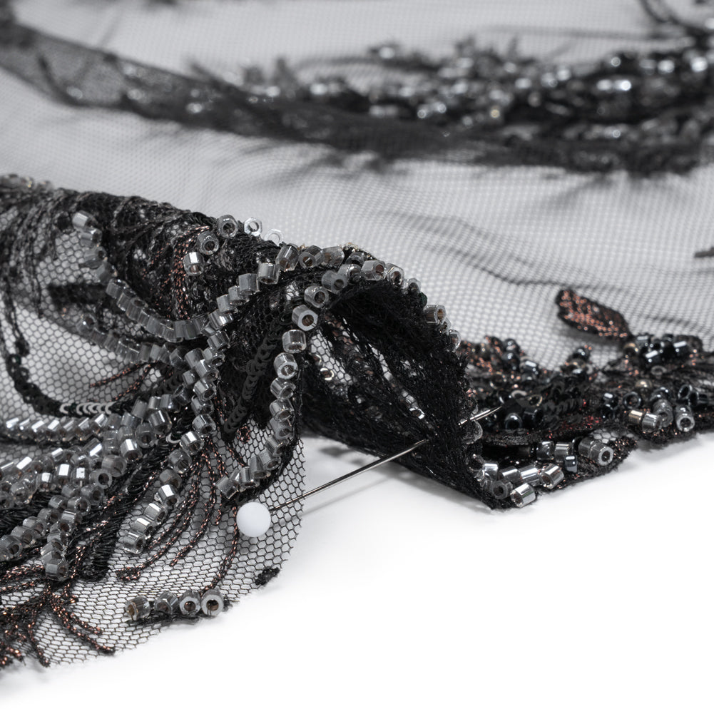 Beaded and Embroidered Tulle with 3D Appliques - Black and Bronze Fanciful Floral Sprays