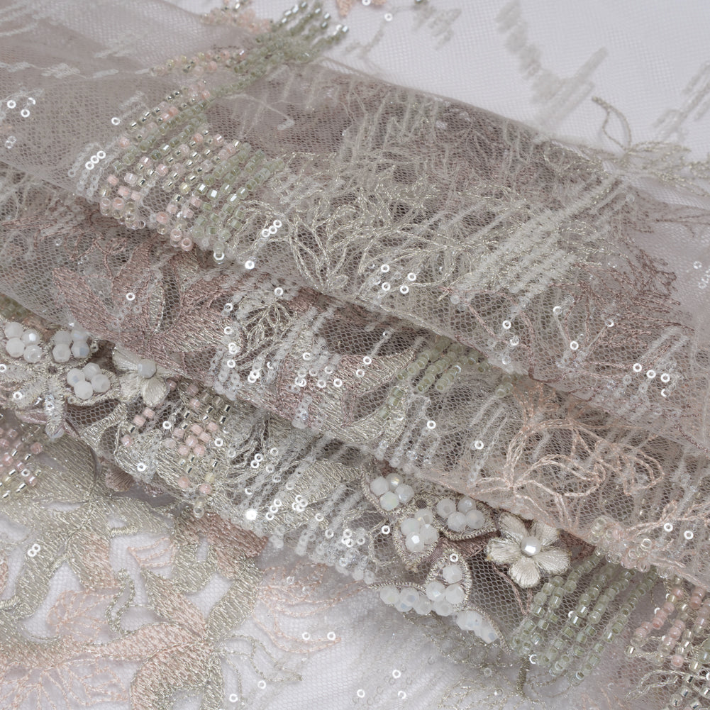 Beaded and Embroidered Tulle with 3D Appliques - Light Gray and Pink Floral Reflections