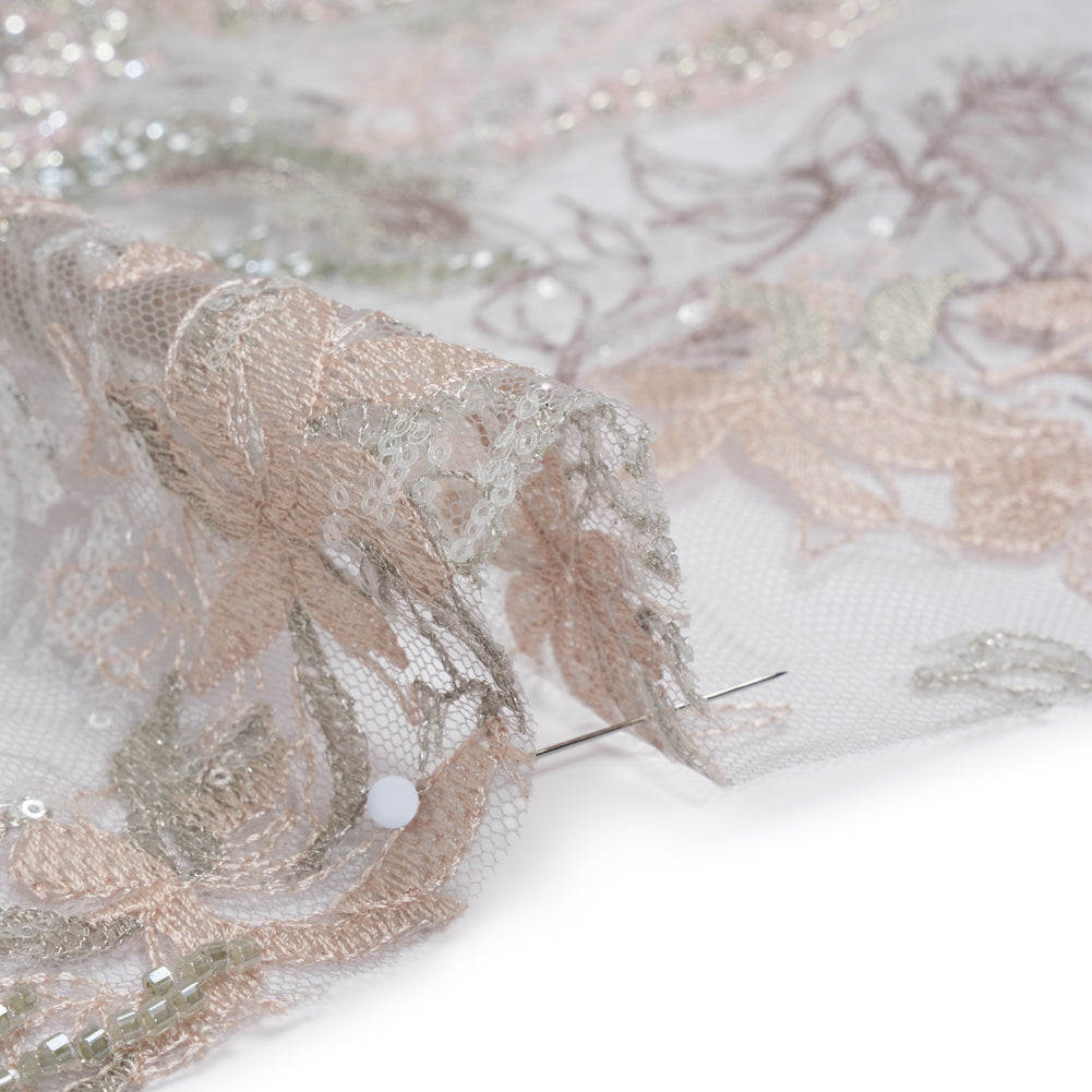 Beaded and Embroidered Tulle with 3D Appliques - Light Gray and Pink Floral Reflections