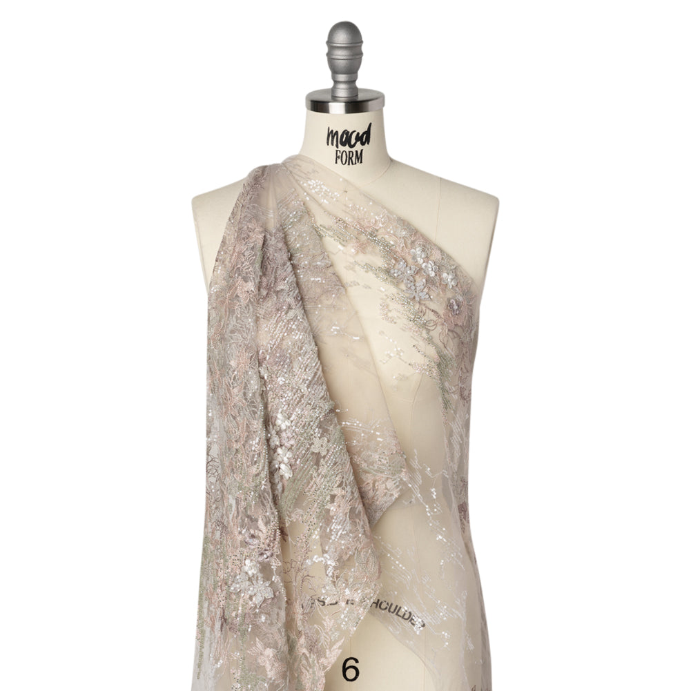 Beaded and Embroidered Tulle with 3D Appliques - Light Gray and Pink Floral Reflections