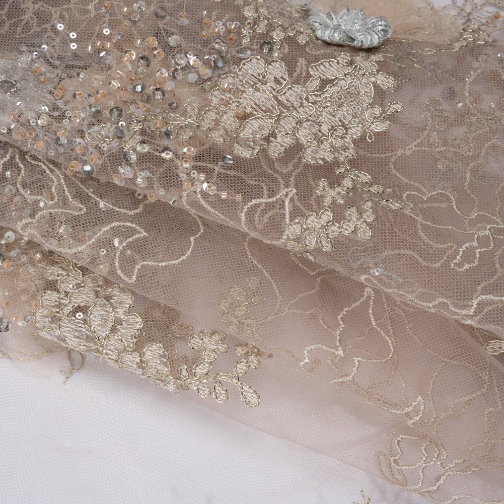 Embroidered and Beaded Tulle with 3D Ribbon Flowers and Finished Edge - Taupe, Beige and Gray Fancy Flower