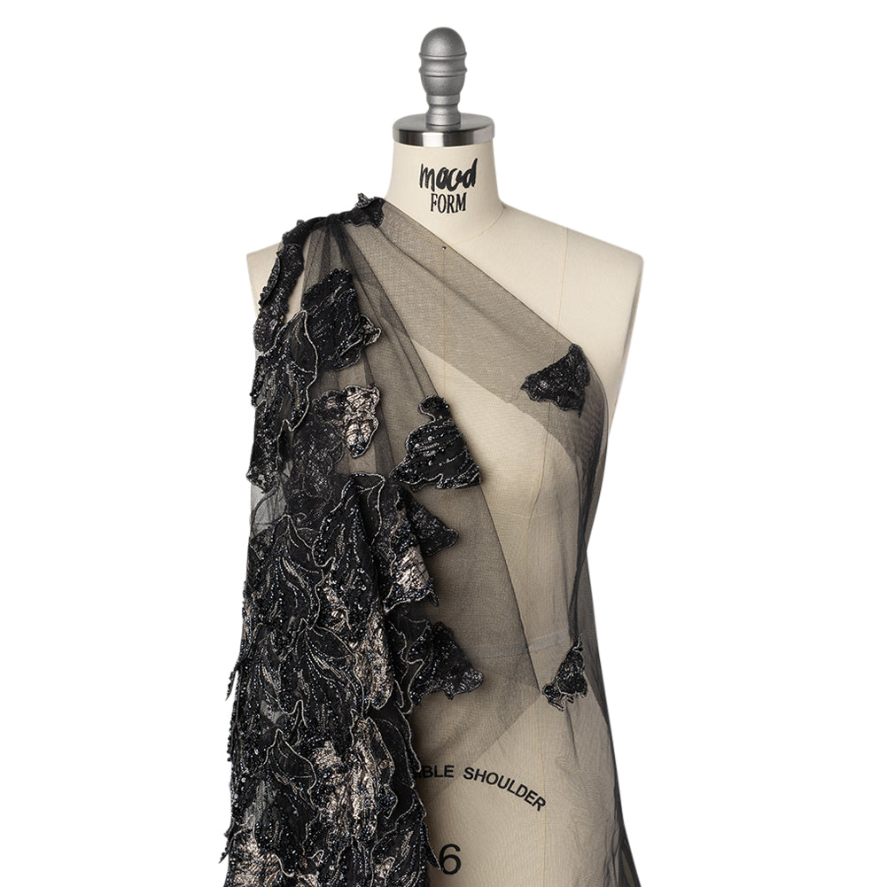 Embroidered and Beaded 3D Applique Tulle - Black, Silver and Navy Blue Luminous Leaves