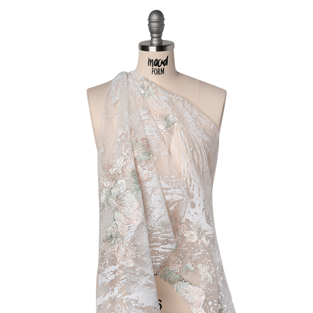 Embroidered Abstract Flocked Tulle with Baby Sequins - Off White, Pale Pink and Mint Floral