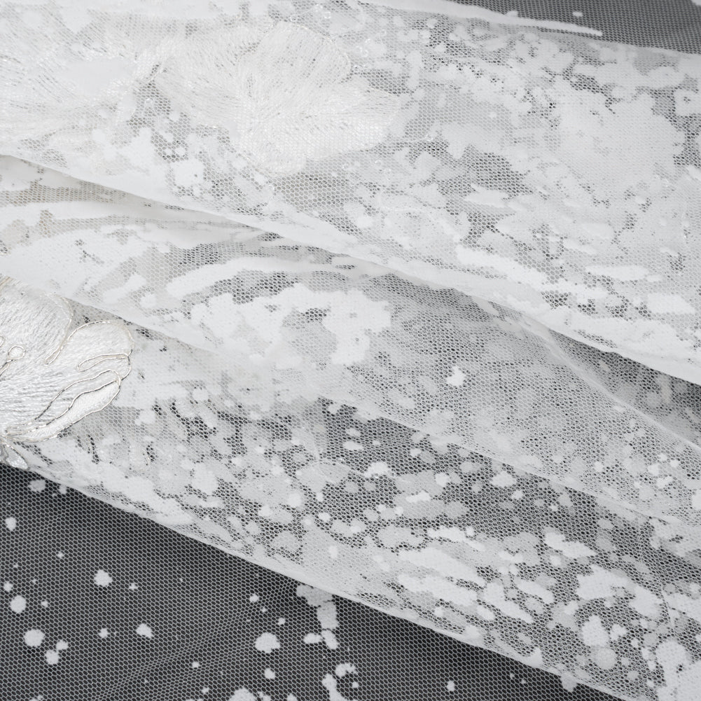 Embroidered Abstract Flocked Tulle with Baby Sequins - Off White Floral